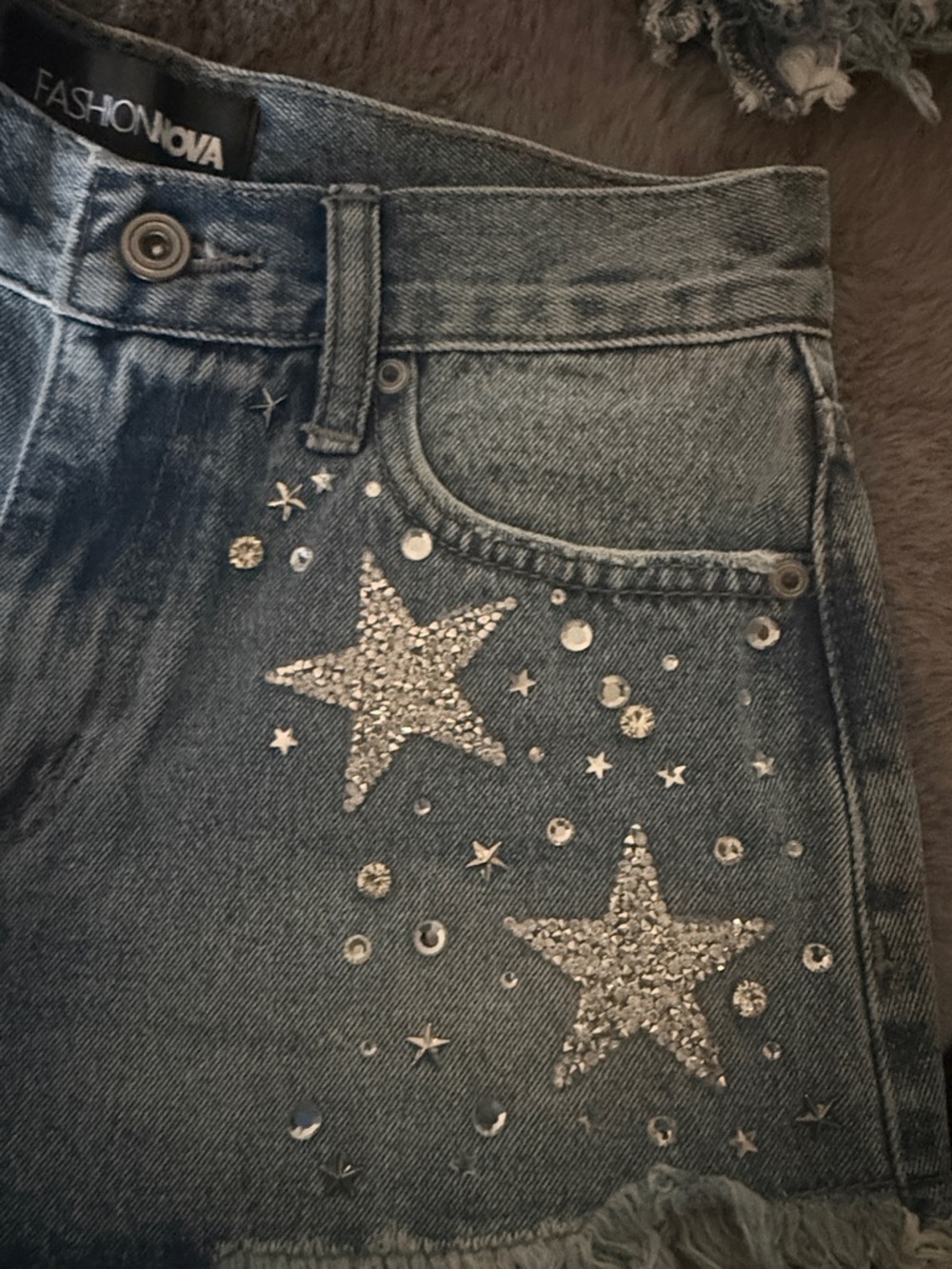 Fashion Nova Light Blue Star-Embellished Denim Shorts - Picture 2 of 9